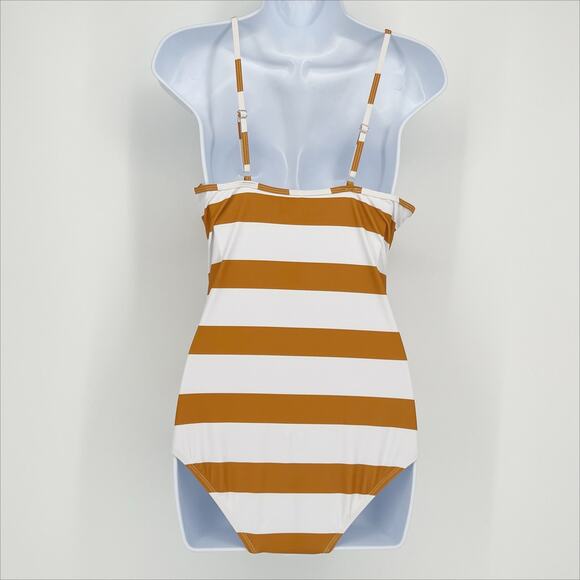 Swimsuit One Piece Halter Large Stripe in Dark Yellow and White Size Medium - Picture 2 of 4